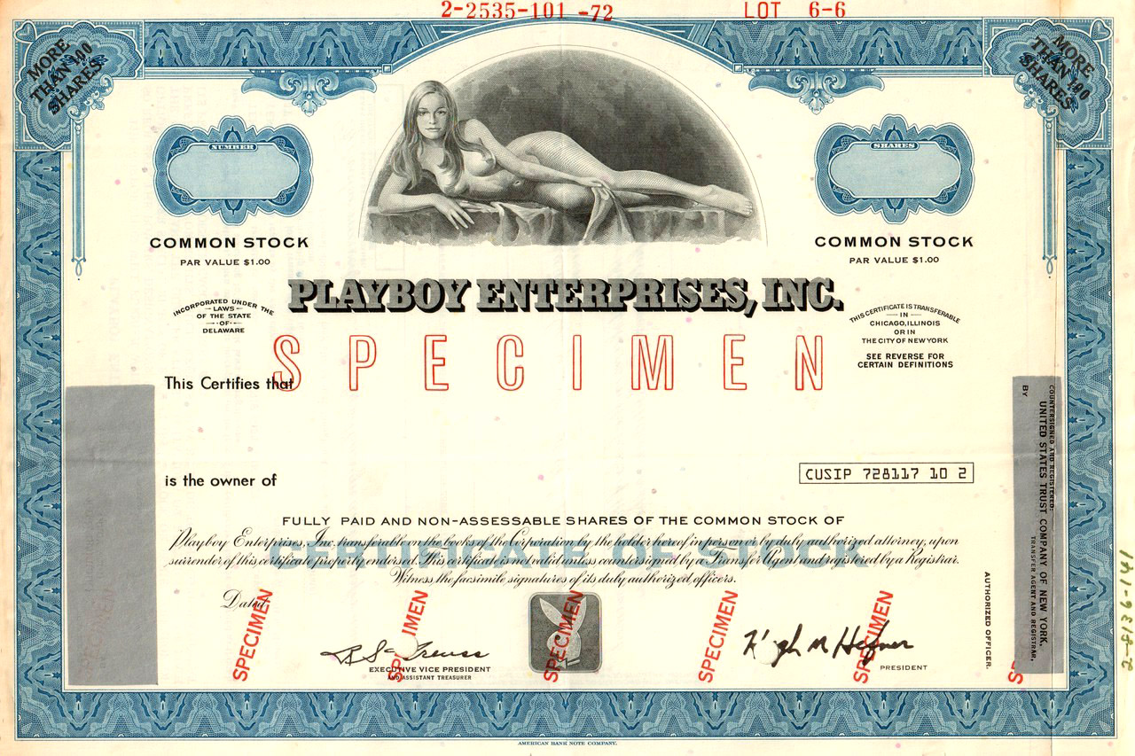 Above: Speciman Playboy stock certificate.
